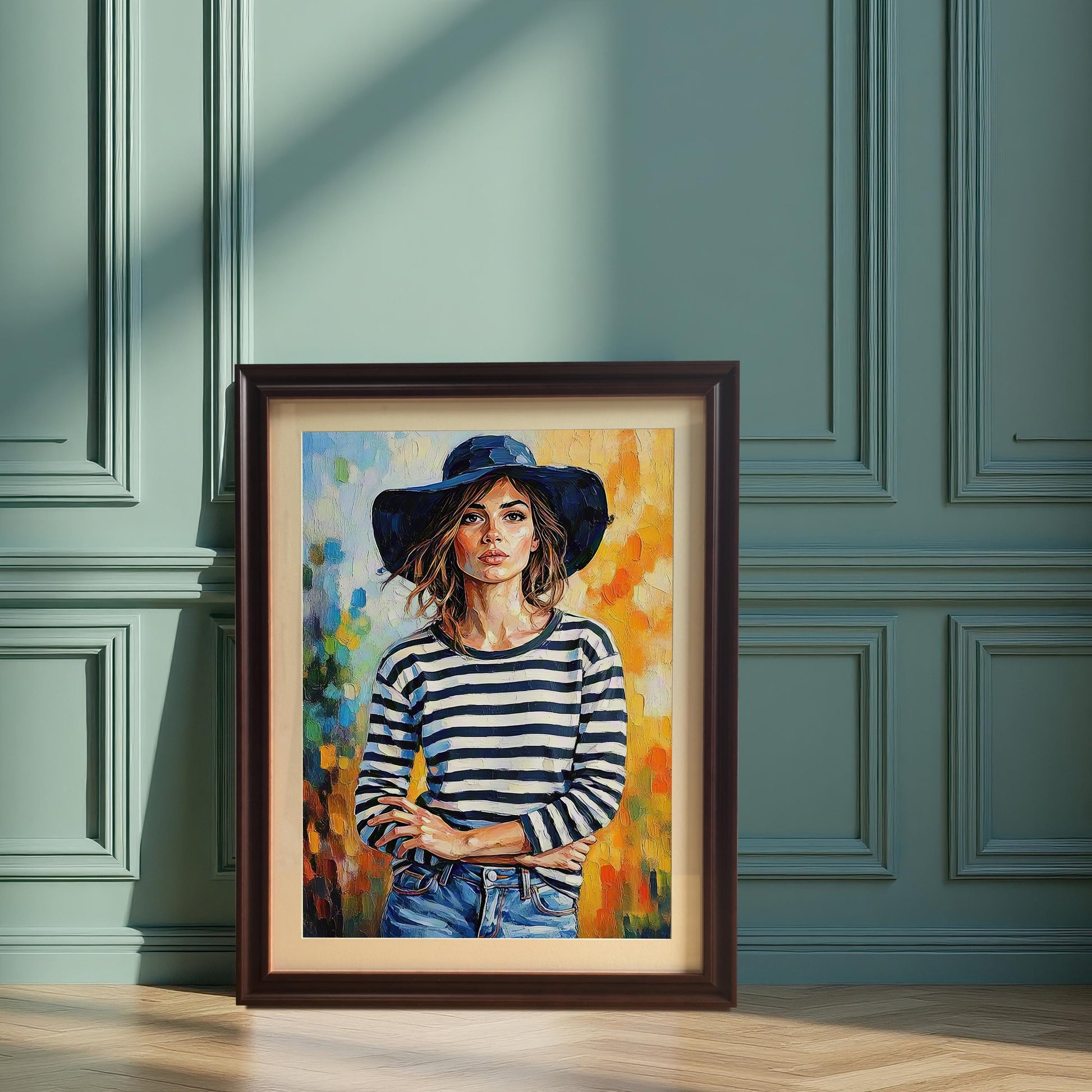 A framed art print of a woman in a striped shirt and hat leaning against a paneled teal-colored wall. The frame is a dark brown or coffee color with a mount.