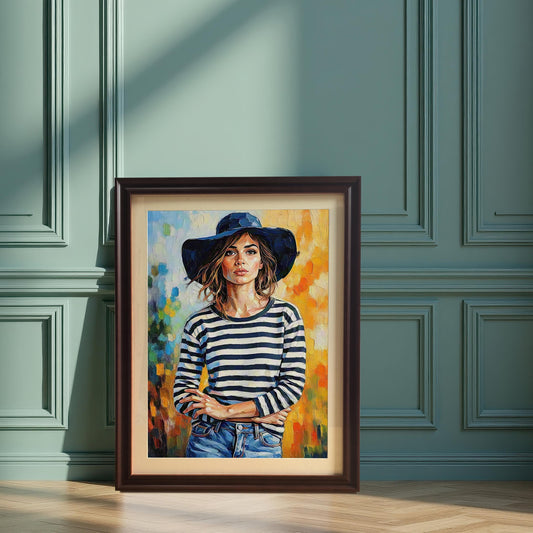 A framed art print of a woman in a striped shirt and hat leaning against a paneled teal-colored wall. The frame is a dark brown or coffee color with a mount.