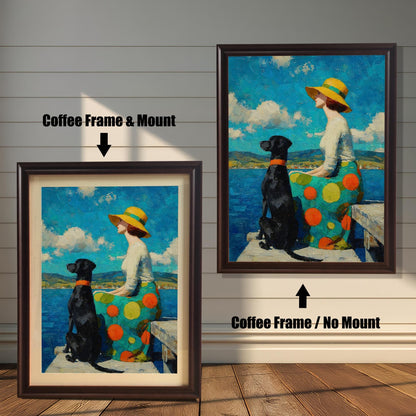 Two versions of a framed painting of a woman and her dog: one with a coffee-colored frame and a mount (mat), and one with a coffee frame and no mount.