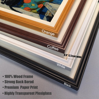 A close-up showing stacked frame corners in orange, coffee, white, and black, with dimensions and material features listed.