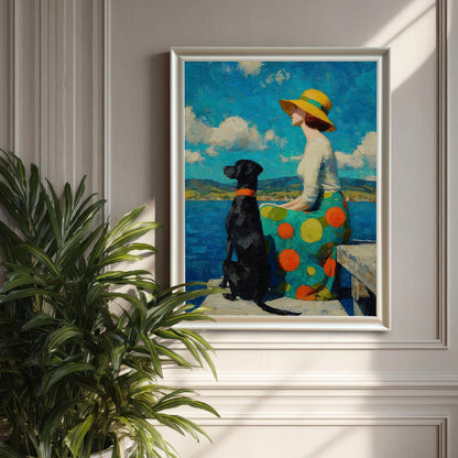 A framed painting of a woman in a wide-brimmed hat and a dog sitting on a dock by the water, hung on a textured wall next to a houseplant.
