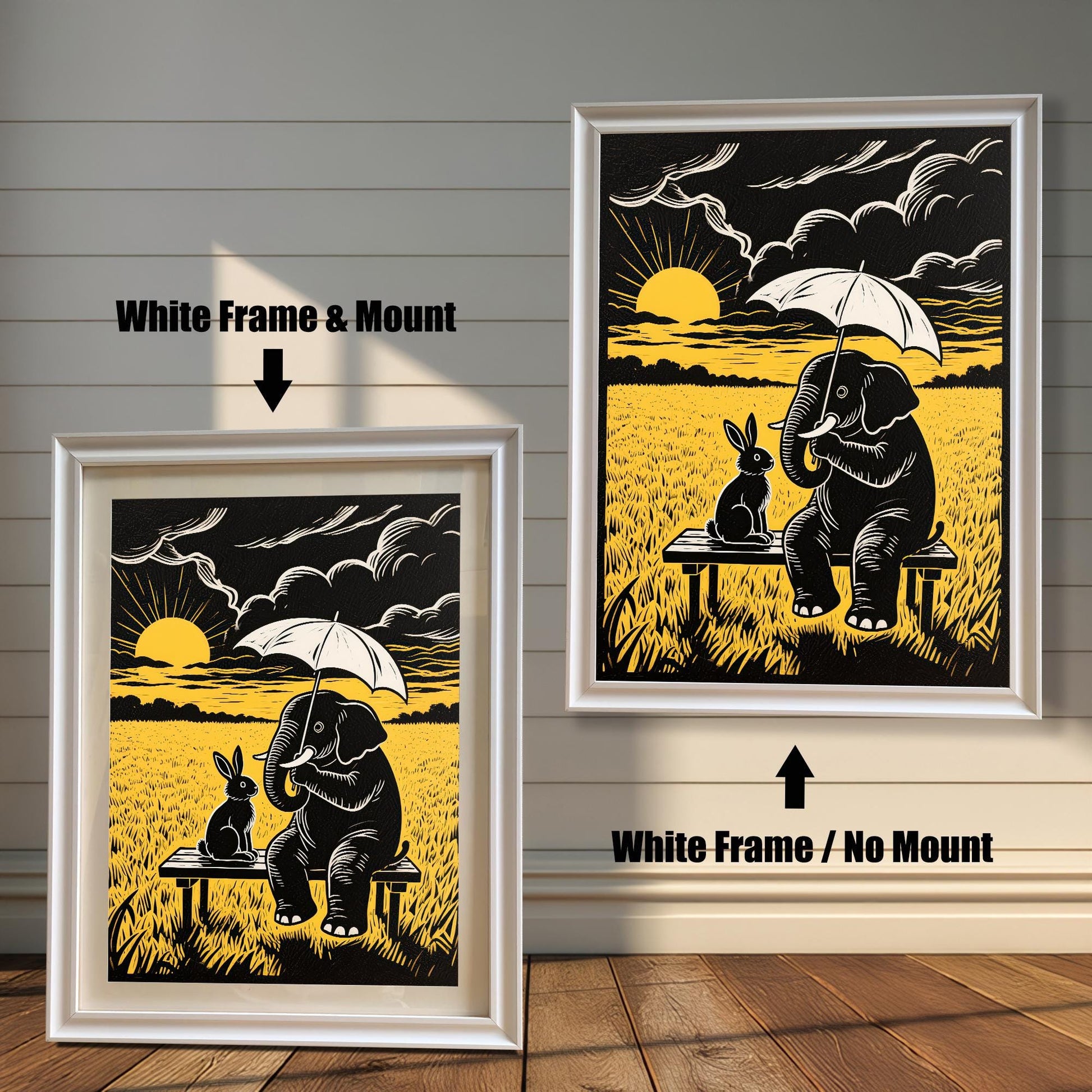 Two versions of a framed black and yellow print of an elephant and rabbit on a bench: one with a white frame and mount (mat), and one with a white frame and no mount.