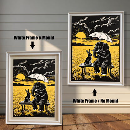 Two versions of a framed black and yellow print of an elephant and rabbit on a bench: one with a white frame and mount (mat), and one with a white frame and no mount.
