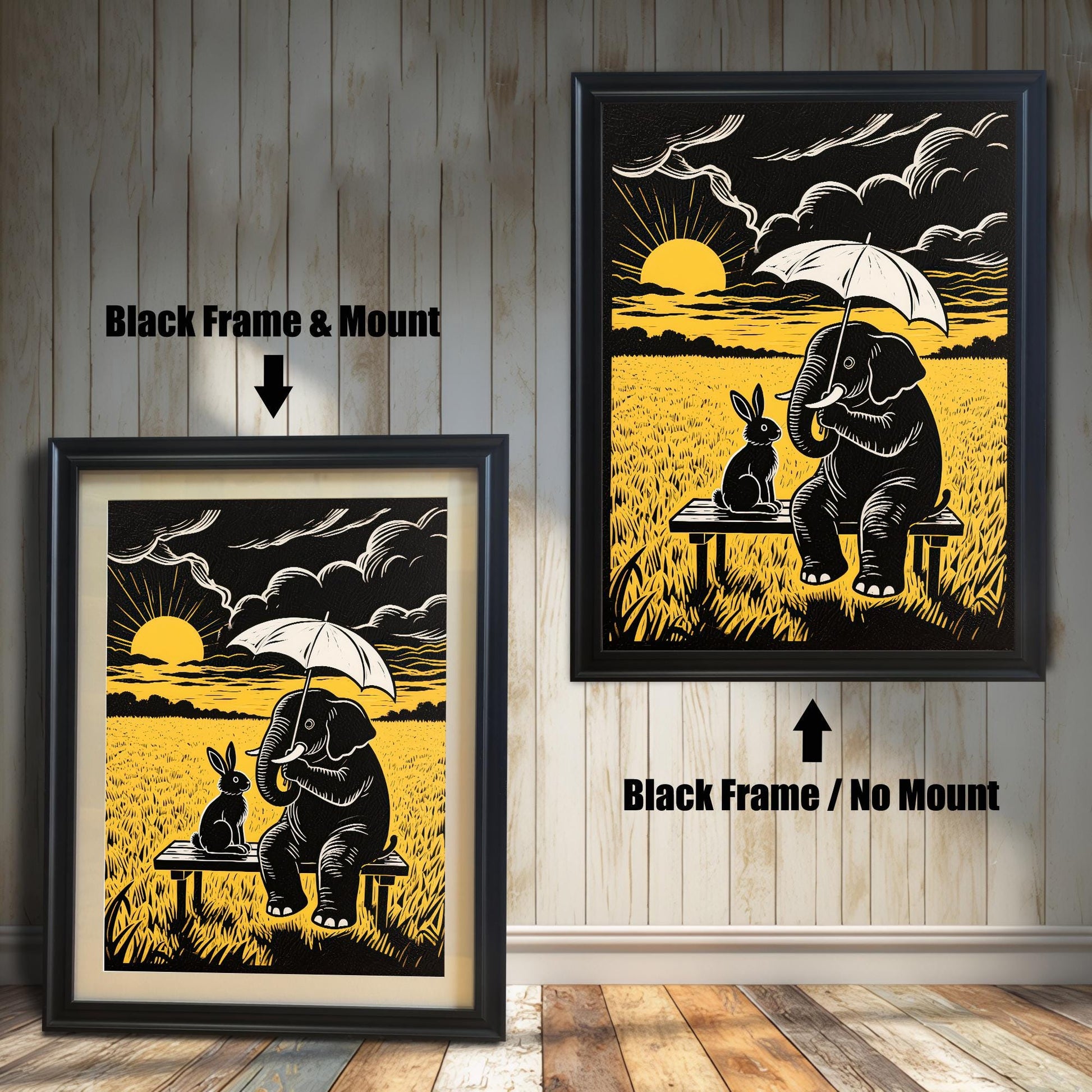 Two versions of a framed black and yellow print of an elephant and rabbit on a bench: one with a black frame and mount (mat), and one with a black frame and no mount.