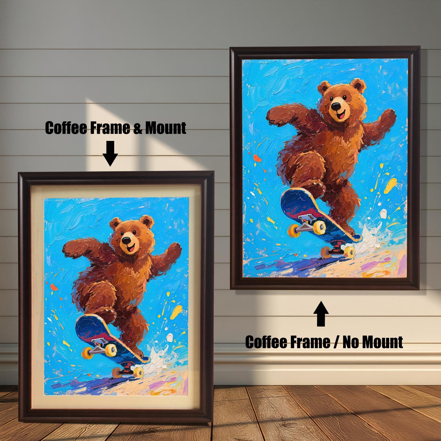 Two framed versions of a bear skateboarding painting: one with a coffee frame and a mount (mat), and one with a coffee frame and no mount.