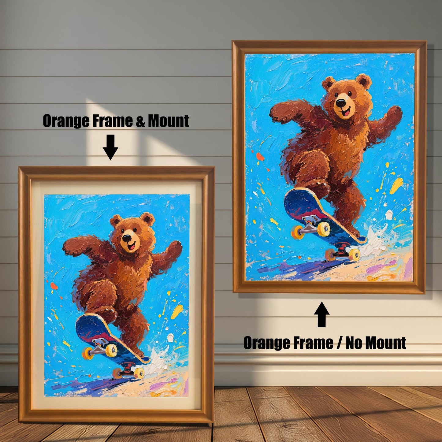 Two framed versions of a bear skateboarding painting: one with an orange frame and a mount (mat), and one with an orange frame and no mount.