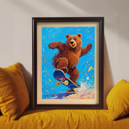 A framed painting of a happy bear skateboarding, leaning on a yellow sofa with bright yellow pillows.