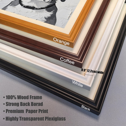 A close-up showing stacked frame corners in orange, coffee, white, and black, with frame width and material features listed.