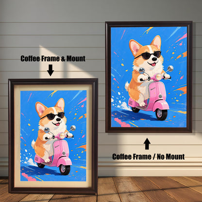 Two framed versions of the corgi on a scooter print: one with a coffee frame and a mount (mat), and one with a coffee frame and no mount.