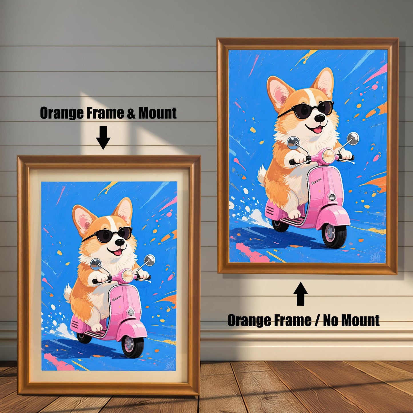 Two framed versions of the corgi on a scooter print: one with an orange frame and a mount (mat), and one with an orange frame and no mount.