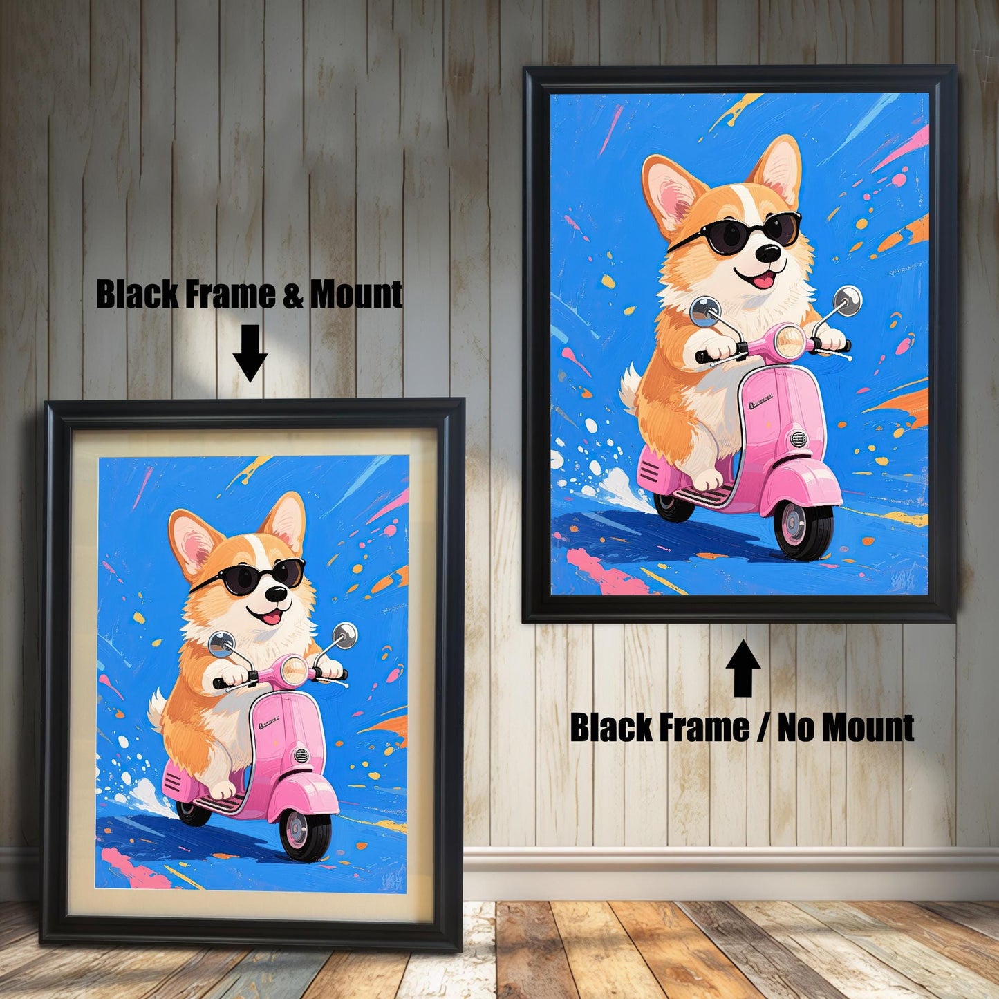 Two framed versions of the corgi on a scooter print: one with a black frame and a mount (mat), and one with a black frame and no mount.