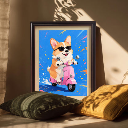 A coffee-framed print of a corgi wearing sunglasses and riding a pink scooter, leaning on a surface surrounded by pillows in sunlight.