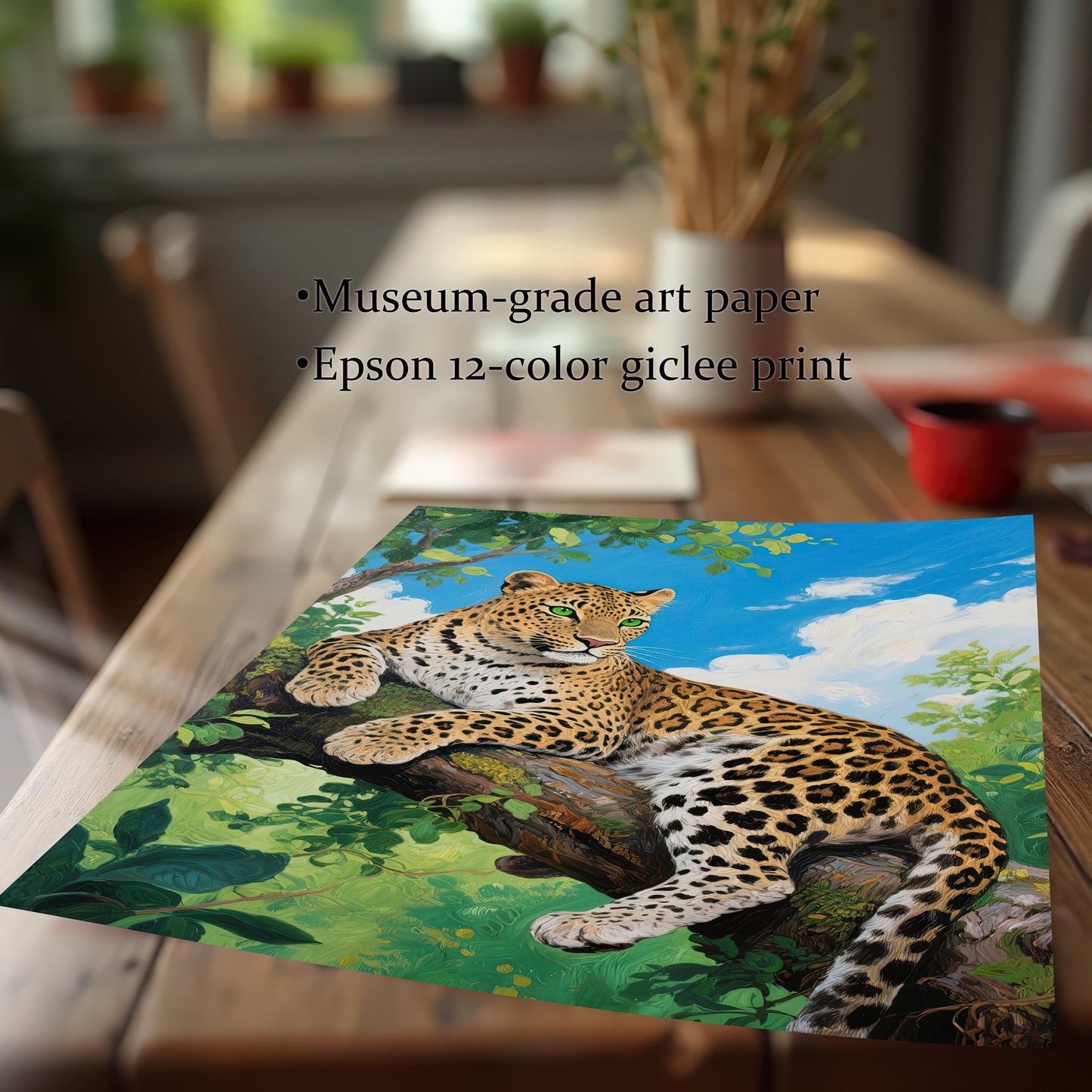 The leopard print rests on a wooden table. Text highlights "Museum-grade art paper" and "Epson 12-color giclee print."