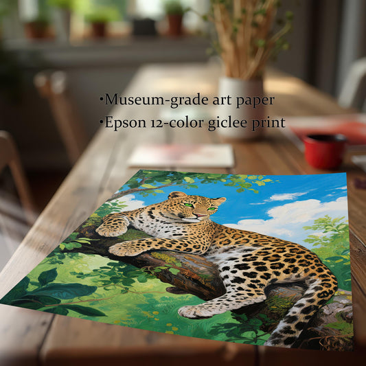The leopard print rests on a wooden table. Text highlights "Museum-grade art paper" and "Epson 12-color giclee print."