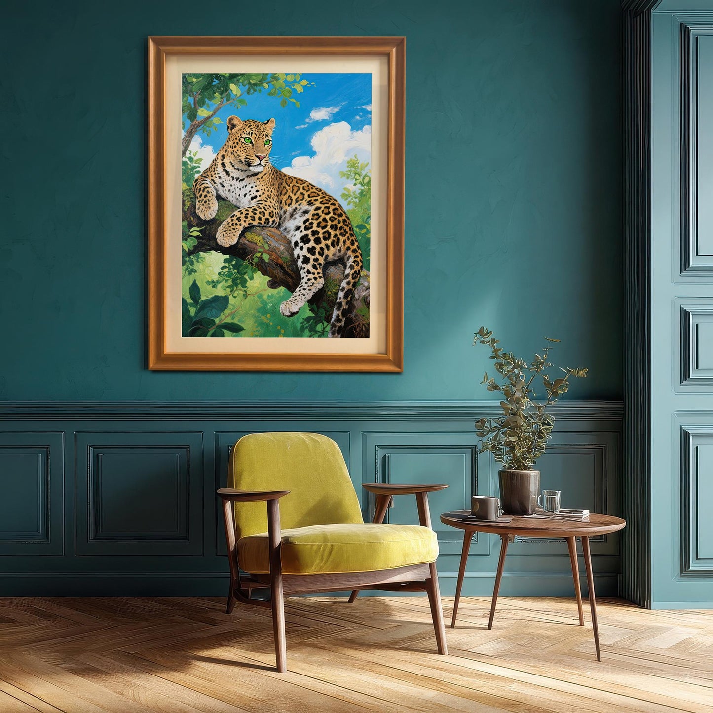 A gold-framed leopard print hangs on a teal wall over a yellow armchair and a small wooden side table with a plant.