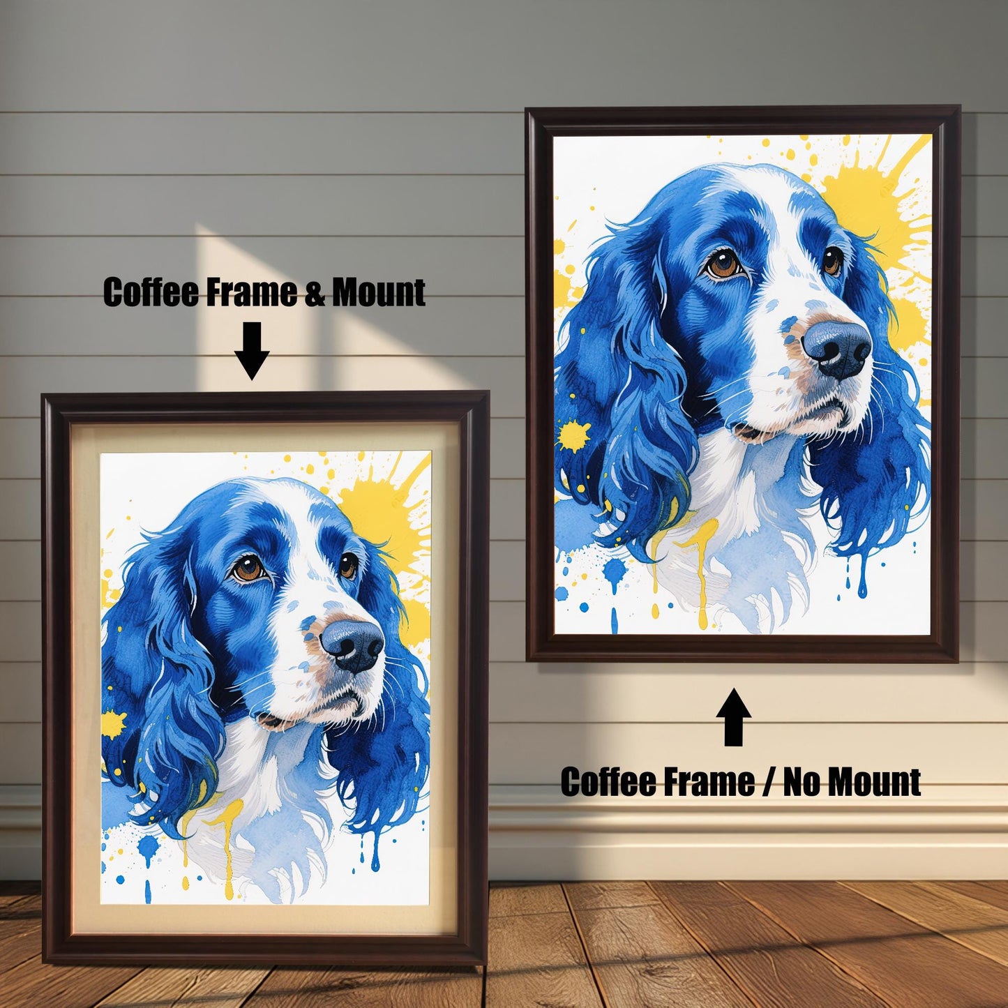 Two coffee-framed prints of a blue and yellow watercolor dog. One has a mat ("Mount"), the other does not ("No Mount").