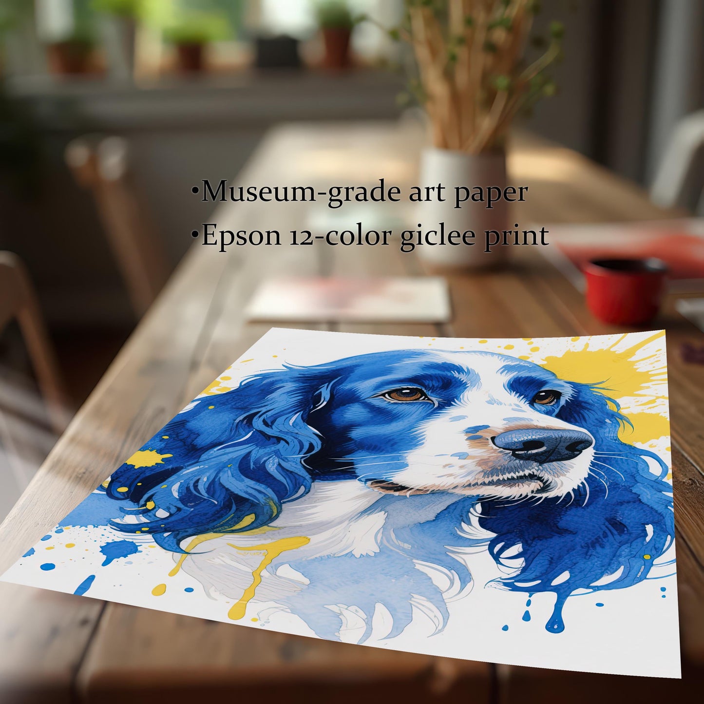 The watercolor dog print rests on a wooden table. Text highlights "Museum-grade art paper" and "Epson 12-color giclee print."