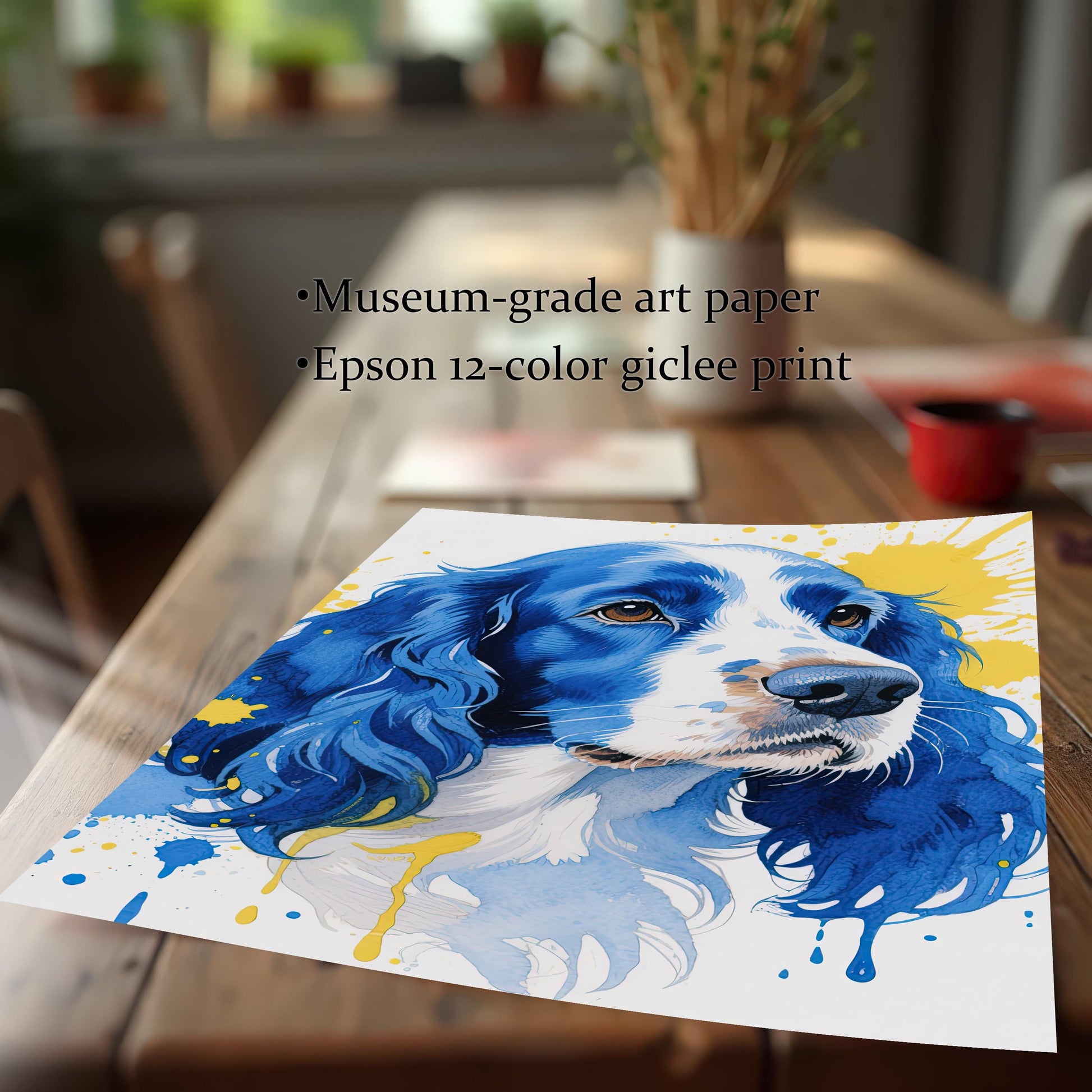 The watercolor dog print rests on a wooden table. Text highlights "Museum-grade art paper" and "Epson 12-color giclee print."
