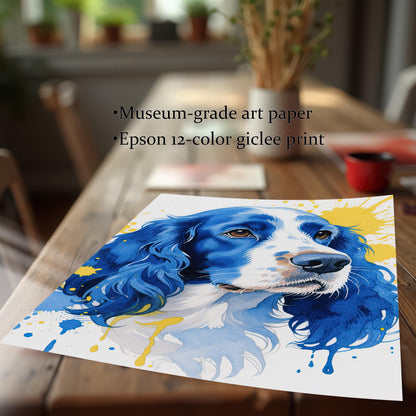The watercolor dog print rests on a wooden table. Text highlights "Museum-grade art paper" and "Epson 12-color giclee print."