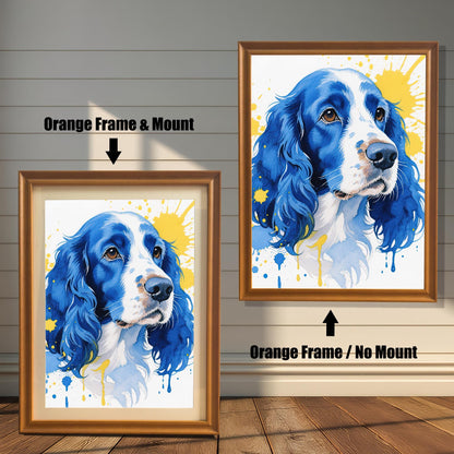Two orange-framed prints of a blue and yellow watercolor dog. One has a mat ("Mount"), the other does not ("No Mount").