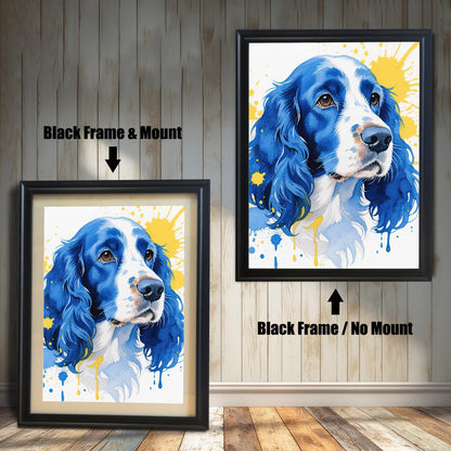 Two black-framed prints of a blue and yellow watercolor dog. One has a mat ("Mount"), the other does not ("No Mount").