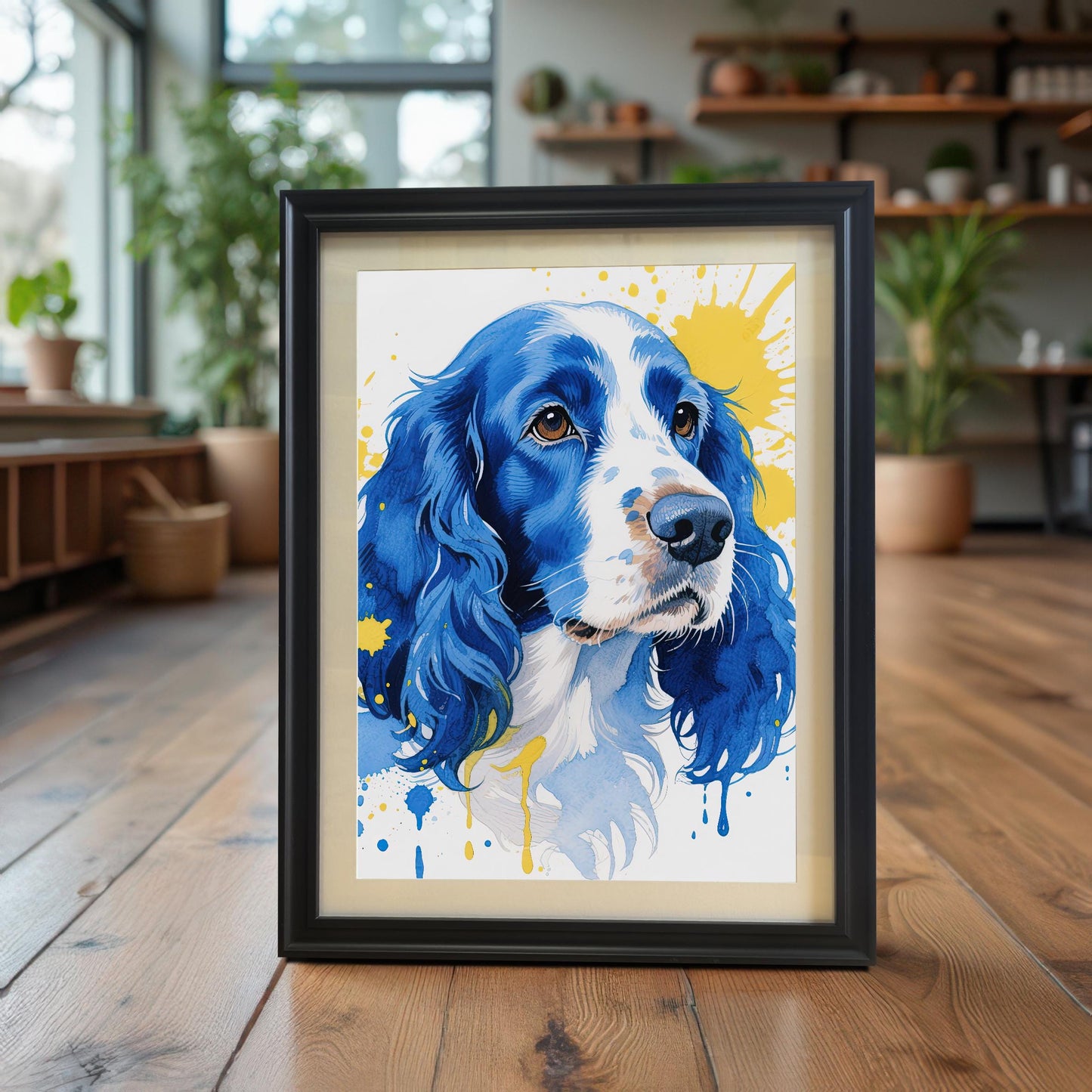 A black-framed, matted print of a blue and yellow dog sits on a wooden floor in a brightly lit room with many potted plants.