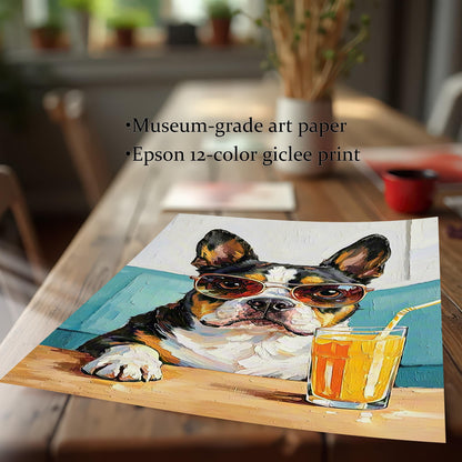 A close-up, unframed print of the dog painting lying on a wooden table. Text mentions "Museum-grade art paper" and "Epson 12-color giclee print."