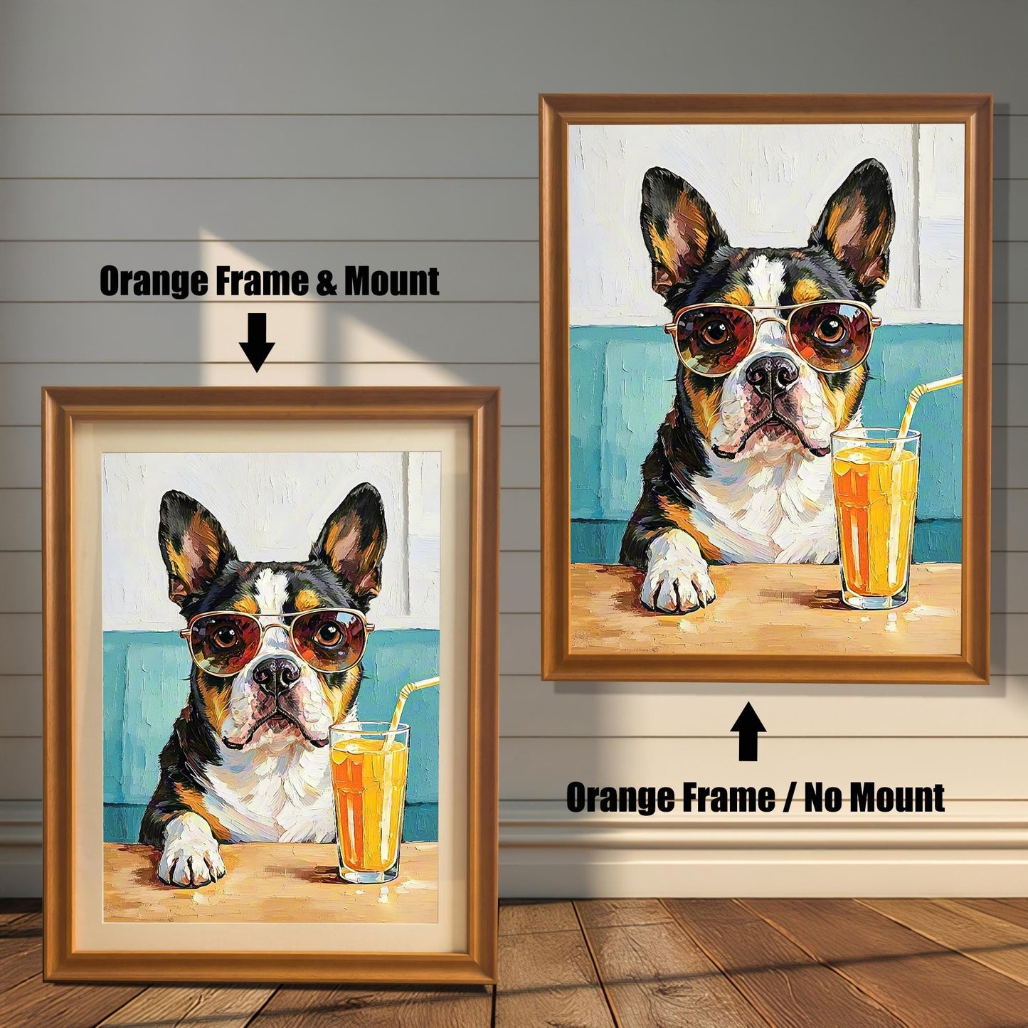 Comparison of two framed prints: an orange frame with a white mount (mat) on the left, and an orange frame with no mount on the right. Both show the dog painting.