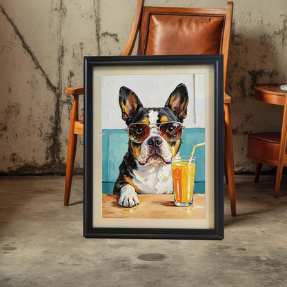 A framed print of the dog painting in a black frame with a mount (mat) leaning against a wall next to a leather and wood chair.