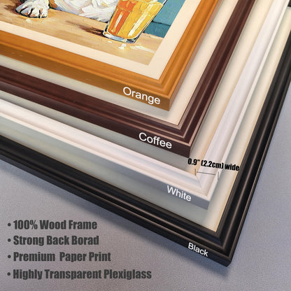 A close-up showing four frame colors: Orange, Coffee, White, and Black. Text highlights details: "100% Wood Frame," "Premium Paper Print," and "Highly Transparent Plexiglass."