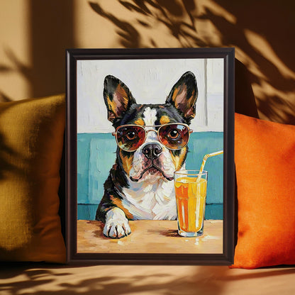 A framed print of the dog painting in a coffee-colored frame resting on a brown surface between a yellow and an orange pillow.