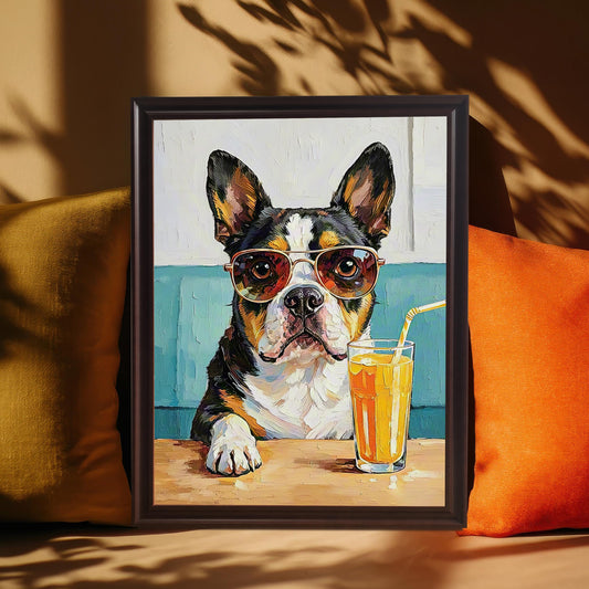 A framed print of the dog painting in a coffee-colored frame resting on a brown surface between a yellow and an orange pillow.
