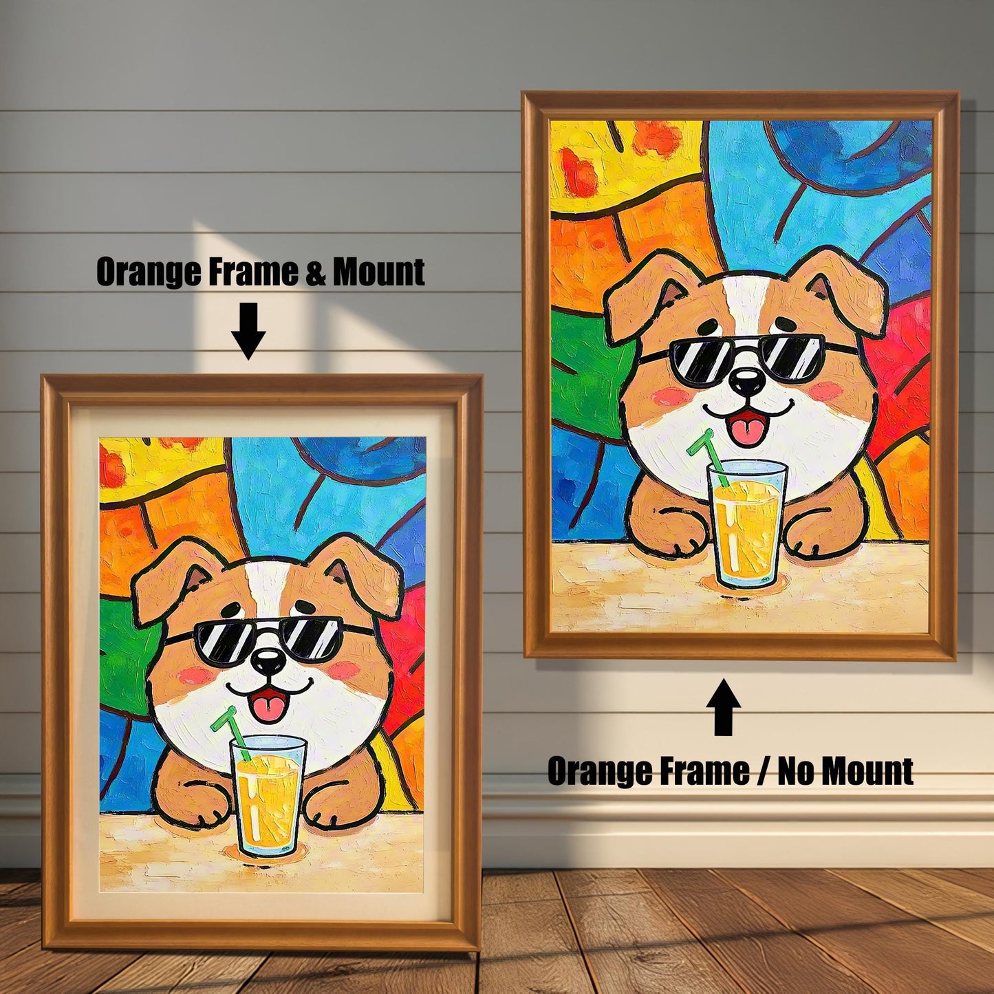 Comparison of the dog art print in an orange/gold frame with a mount (left) and an orange/gold frame with no mount (right).