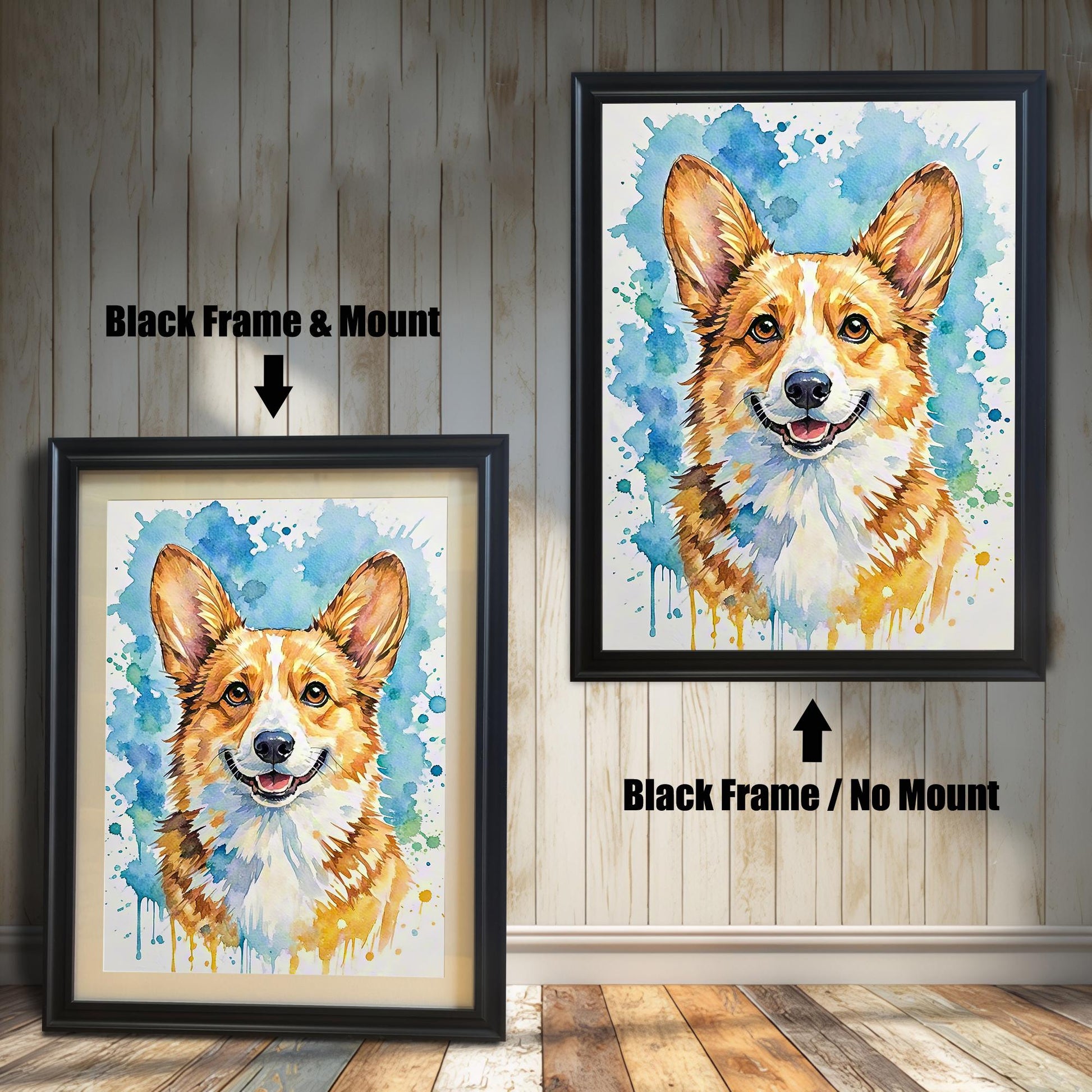 Watercolor corgi art in two black frames: "Black Frame & Mount" (smaller, with mat) and "Black Frame / No Mount" (larger, no mat), against a white paneled wall.
