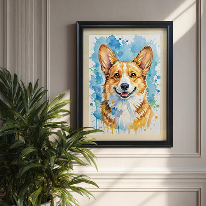 Framed watercolor corgi print in a black frame with a mat, hanging on a paneled wall next to a large potted plant.