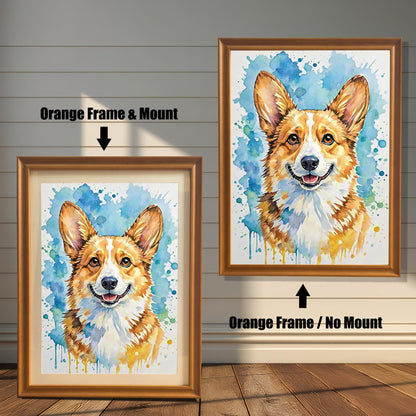 Watercolor corgi art in two frames: "Orange Frame & Mount" (smaller, with mat) and "Orange Frame / No Mount" (larger, no mat), against a white paneled wall.