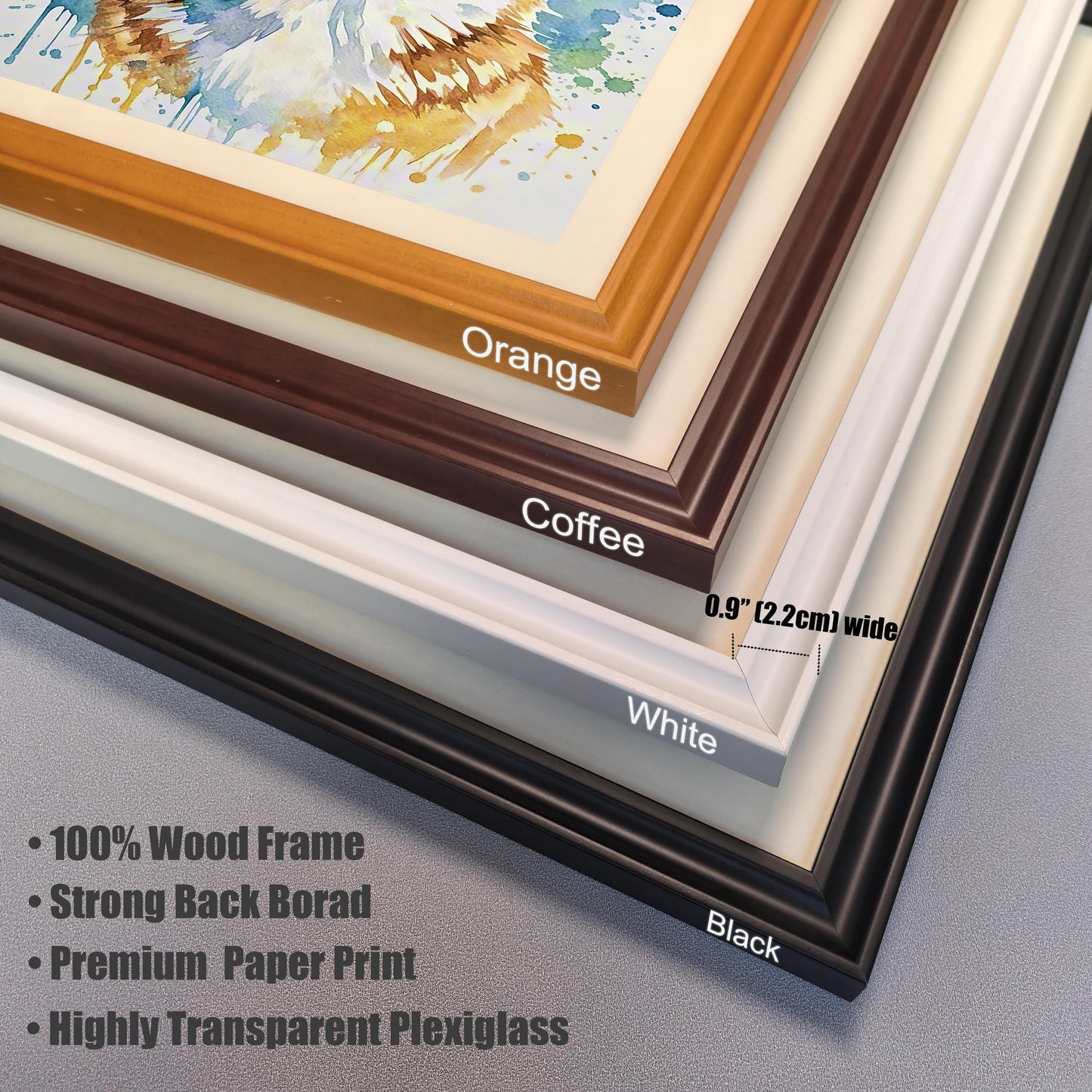 Close-up of four frame corners (Orange, Coffee, White, Black). Text lists frame features: 100% Wood Frame, Strong Back Board, Premium Paper Print, and Highly Transparent Plexiglass.