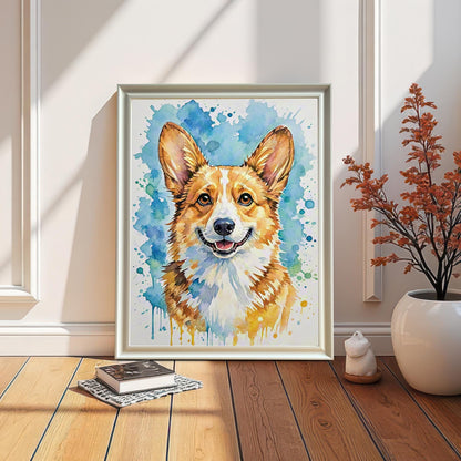 Framed watercolor corgi print in a white frame, leaning against a white paneled wall next to a potted plant and a small sculpture.