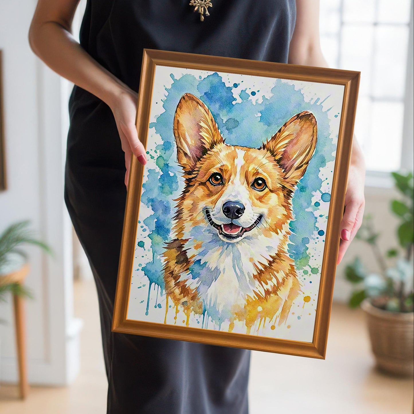 A woman in a black dress holds a framed watercolor print of a smiling corgi in a gold-colored frame.