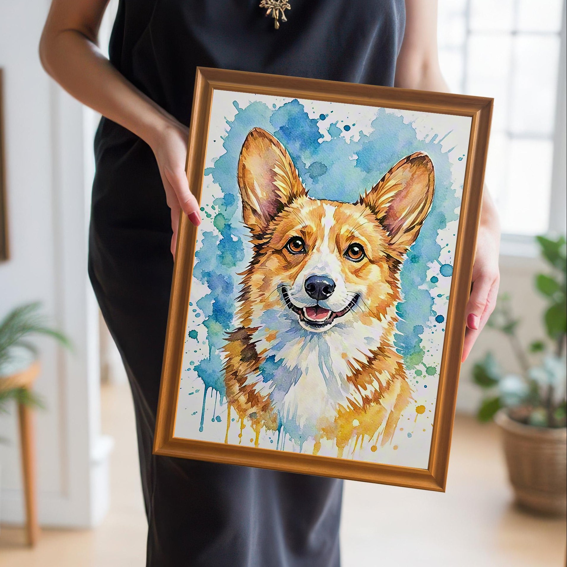 A woman in a black dress holds a framed watercolor print of a smiling corgi in a gold-colored frame.