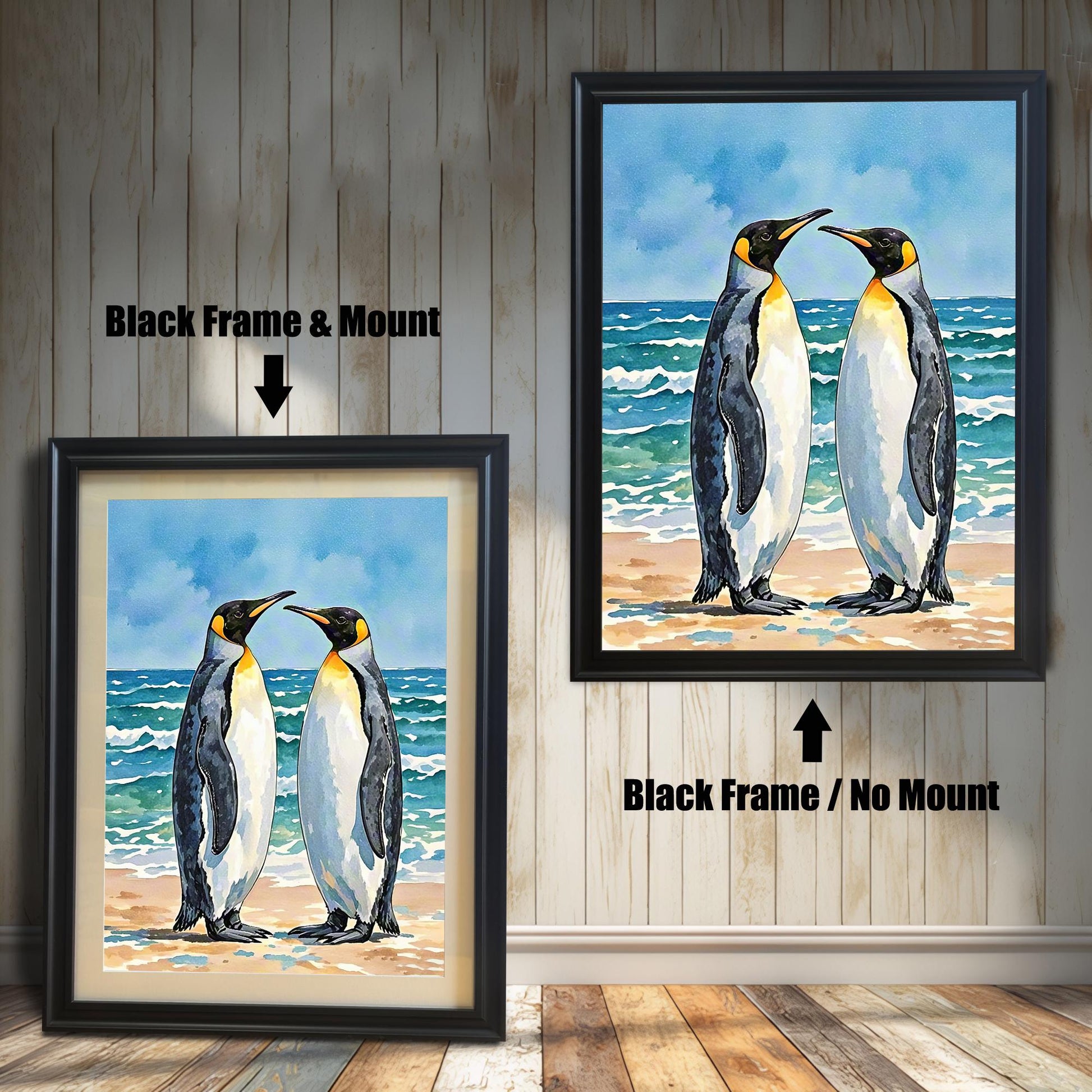 Watercolor penguin art in two black frames: "Black Frame & Mount" (with mat) and "Black Frame / No Mount" (no mat), against a white paneled wall.