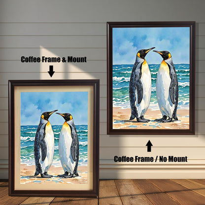 Watercolor penguin art in two coffee-brown frames: "Coffee Frame & Mount" (with mat) and "Coffee Frame / No Mount" (no mat), against a white paneled wall.