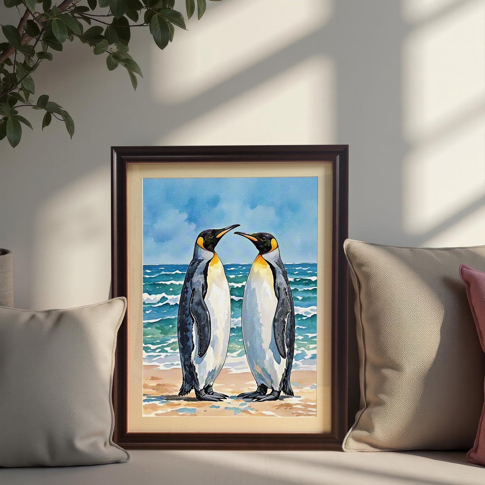 Framed watercolor print of two penguins on a beach, leaning against a cushion on a sofa. |