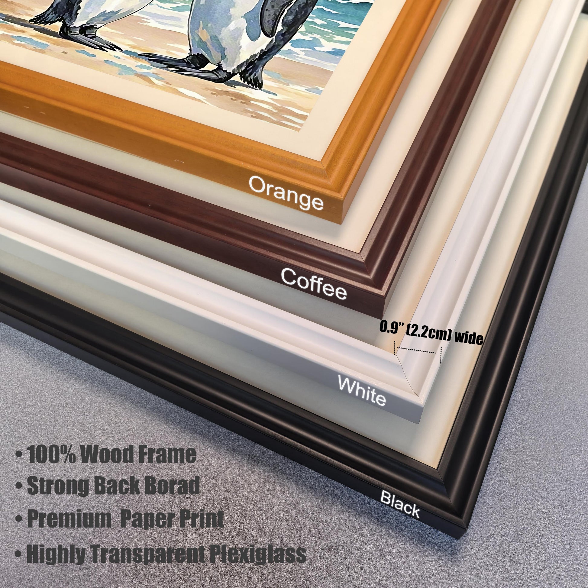 Close-up of four frame corners (Orange, Coffee, White, Black). Text lists frame features: 100% Wood Frame, Strong Back Board, Premium Paper Print, and Highly Transparent Plexiglass.