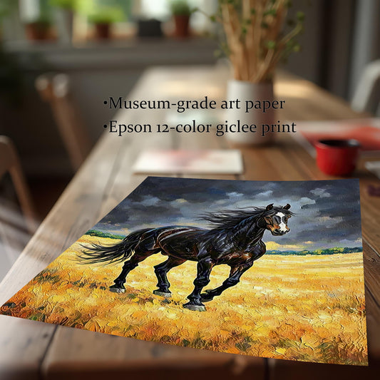 Close-up of a premium paper print of the black horse oil painting, with text: "Museum-grade art paper" and "Epson 12-color giclee print."