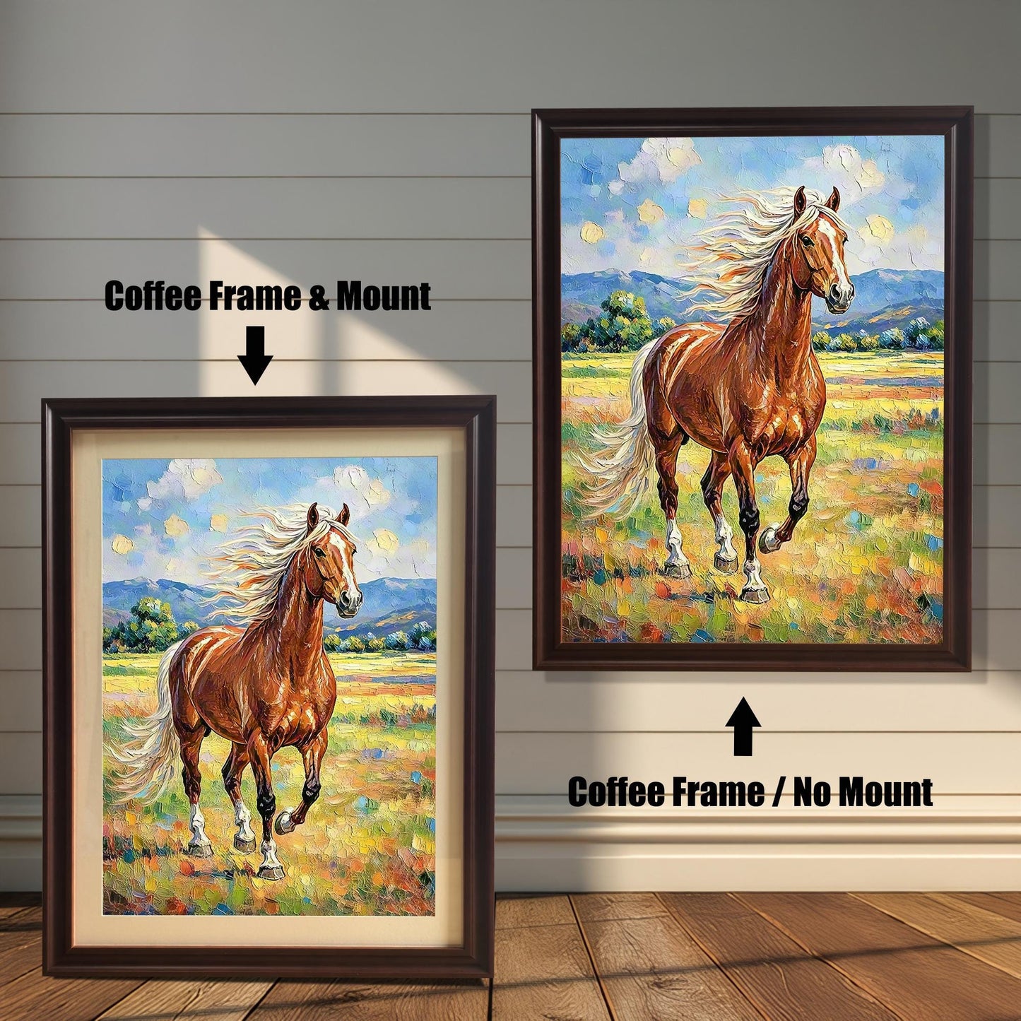 Impressionist oil painting of a chestnut horse running in a field, shown in two coffee frames: one with a mat and one without.
