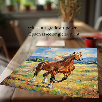 Close-up of a premium paper giclée print of the chestnut horse oil painting, with text: "Museum-grade art paper" and "Epson 12-color giclee print."