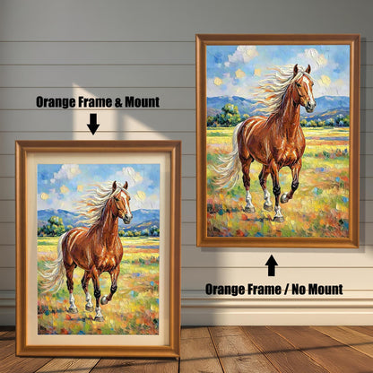 Impressionist oil painting of a chestnut horse running in a field, shown in two orange frames: "Orange Frame & Mount" and "Orange Frame / No Mount."