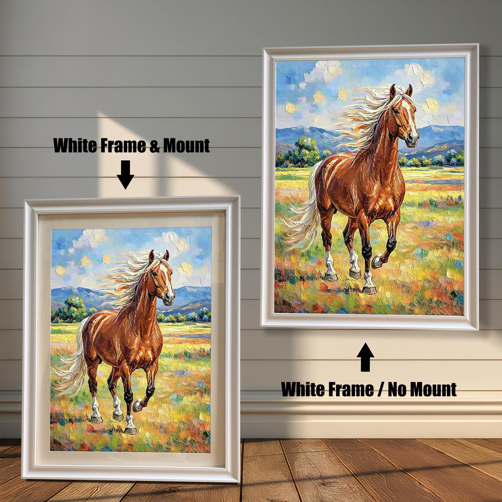 Oil painting of a chestnut horse running in a field, shown in two white frames: "White Frame & Mount" (with mat) and "White Frame / No Mount."