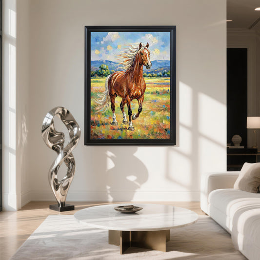 Black-framed oil painting of a chestnut horse, hanging in a modern living room above a marble coffee table and next to a silver sculpture.